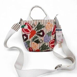 Beaded Vegetables Striped Canvas Tote Handbag Crossbody Strap Made in India